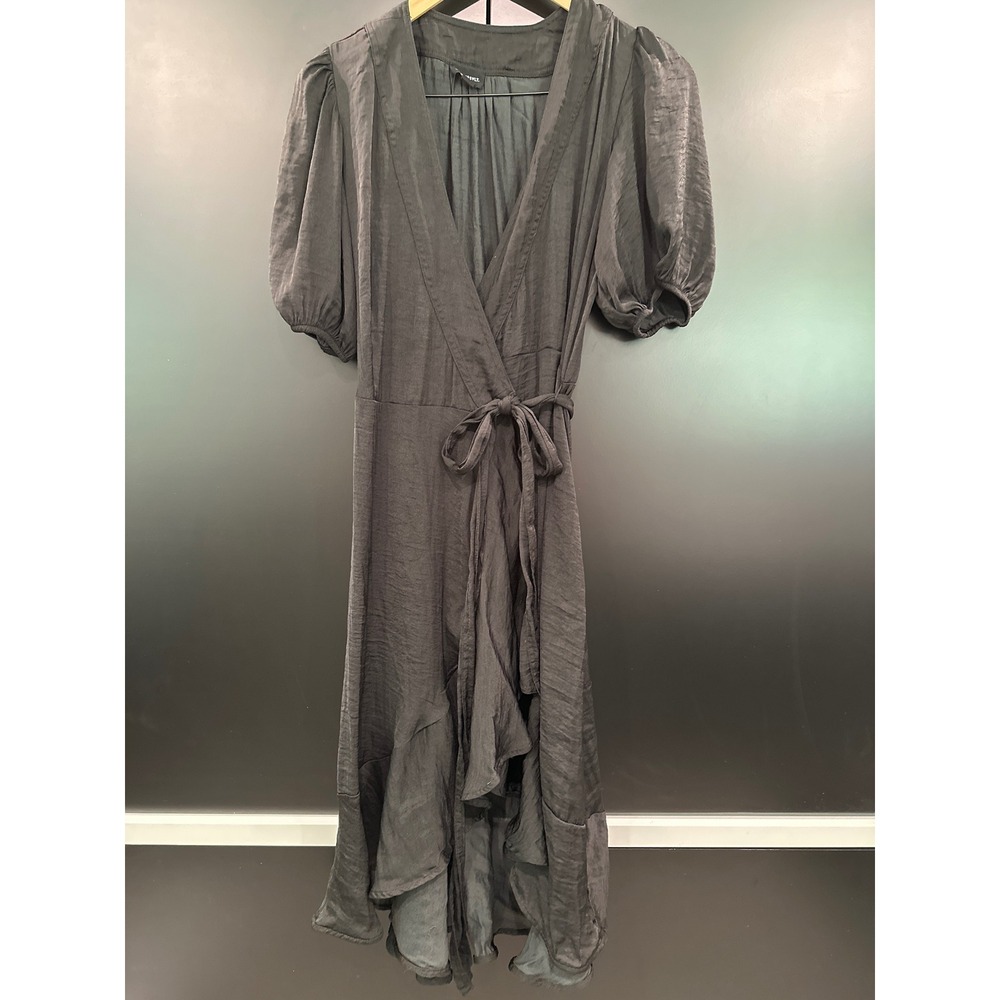 Summersalt Black Puff Sleeve Wrap Dress Ruffle‎ High Low Midi Size 8